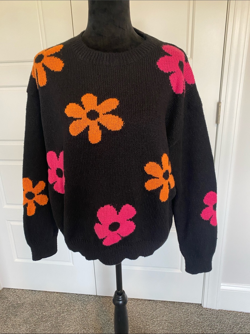 SHEIN Black Crewneck Sweater with Pink & Orange Floral Motif